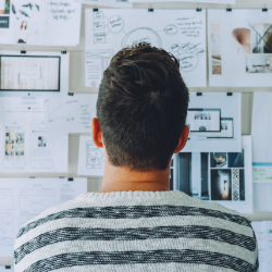 A man looking at a board with papers on it.